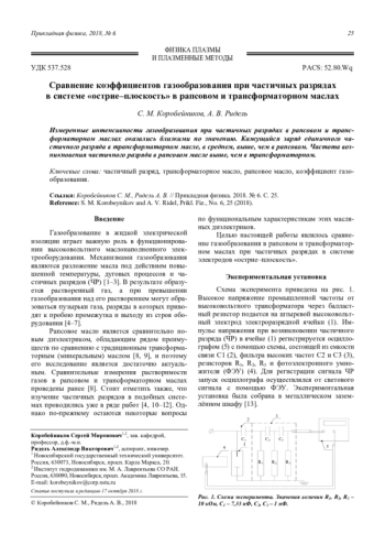 Сравнение коэффициентов газообразования при частичных разрядах в системе «острие–плоскость» в рапсовом и трансформаторном маслах